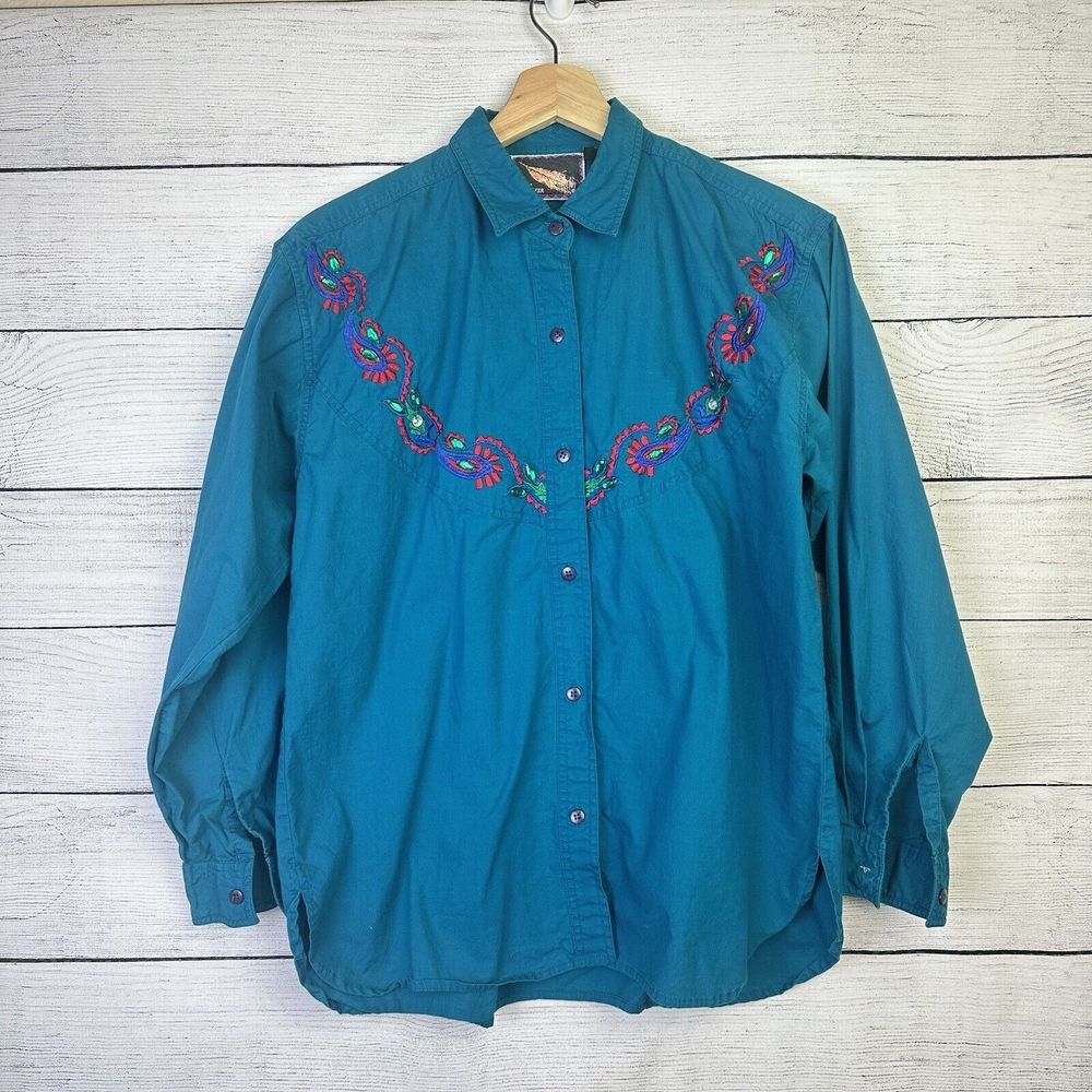 Lone Feather Embroidered Brushpopper Western Rodeo Button Up Shirt Size‎ Medium